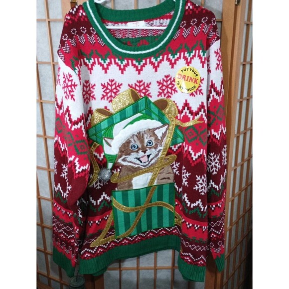Holiday Time 3XL Cat Christmas Sweater Ugly Xmas Gift Box Funny Drink Holder - Picture 2 of 10